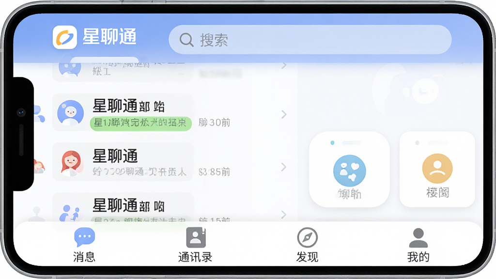 一张展示星聊通手机聊天软件主界面的图片,主体是手机屏幕,布局为顶部显示星聊通logo和搜索栏,中间是聊天会话列表和功能入口,底部为消息、通讯录、发现、我的四个导航按钮,排版简洁清晰,风格现代扁平化,细节圆润,画质干净无多余元素,文字标注“星聊通”