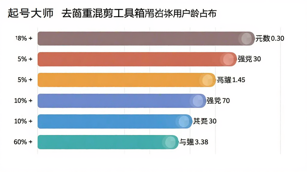 一张展示起号大师去重混剪工具箱用户年龄分布的柱状图,主体是18-60岁不同年龄段用户人数占比数据,布局为横向柱状图左侧标注年龄段右侧显示百分比,风格为商务数据可视化风格,细节上有具体数值和颜色区分,画质清晰干净无多余元素