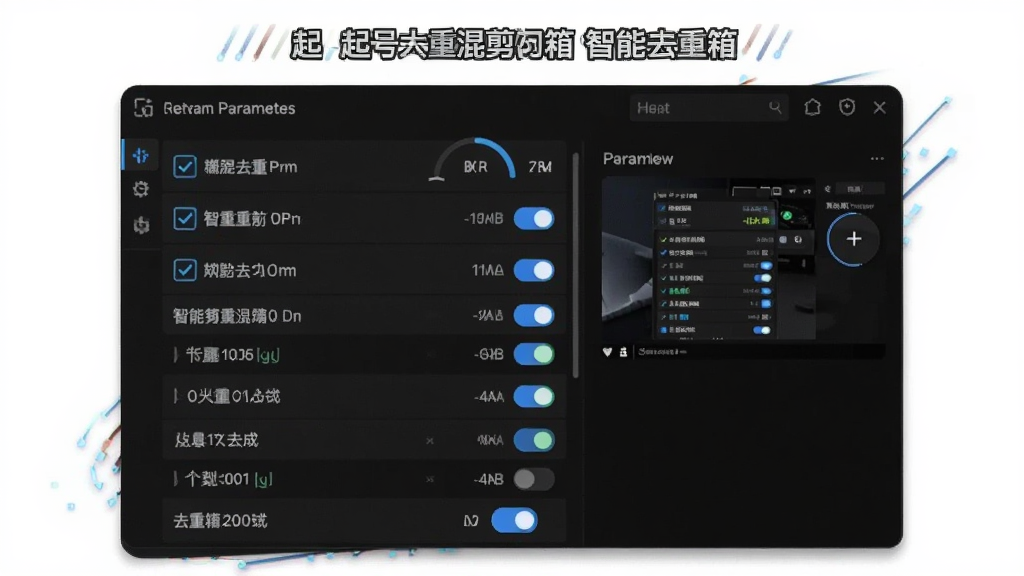 一张展示起号大师去重混剪工具箱智能去重功能的图片,主体是软件界面中多个去重参数勾选框被点亮,布局为纵向排列的参数选项和右侧实时预览小窗口,排版清晰有层次,风格为深色模式科技风,细节上有微调数值和开关按钮,画质锐利干净无多余元素