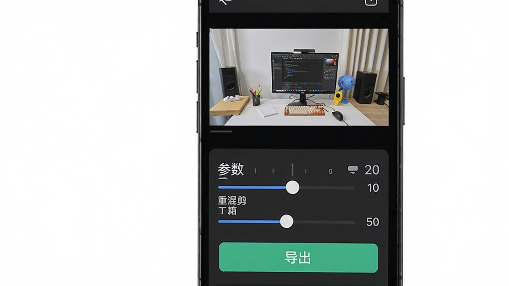 一张展示起号大师去重混剪工具箱新手操作界面的图片,主体是手机屏幕上显示着参数调节滑块和导出按钮,布局为上下结构上方是预览窗口下方是操作面板,风格为简洁明快的扁平化设计,细节上有中文标签和数值刻度,画质清晰干净无多余元素