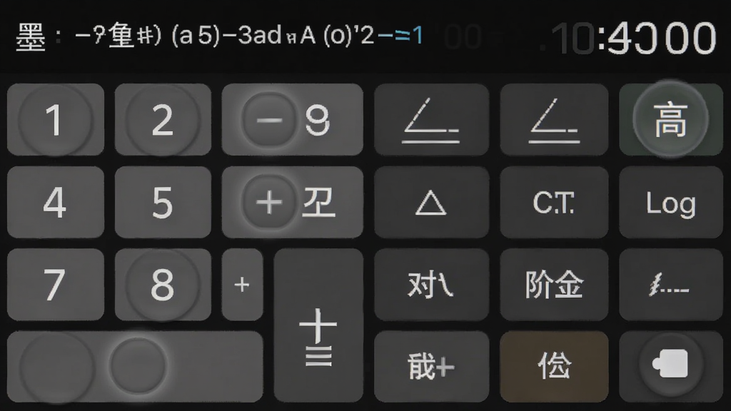 墨鱼通用计算器科学计算模式界面,横屏展示,左侧是数字键盘区域,右侧是三角函数、对数、阶乘等高级函数按钮,屏幕上方显示计算公式和实时结果,背景为深色主题,按钮带有轻微按压反馈效果,整体布局紧凑合理,风格专业简洁,画质清晰