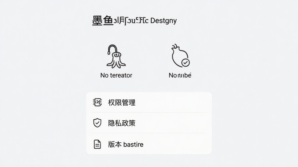 墨鱼通用计算器设置与关于页面,界面显示无广告无会员的标识图标,下方列出权限管理、隐私政策、版本信息等选项,整体以浅色背景为主,文字清晰易读,图标采用线性简约风格,画面干净整洁,无任何广告横幅或弹窗元素