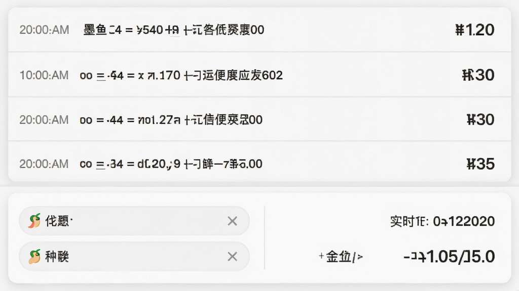 墨鱼通用计算器历史记录与汇率转换界面,上半部分显示按时间排列的历史计算记录列表,每条记录包含公式和结果,下半部分是汇率转换卡片,左侧选择货币种类,右侧显示实时汇率和换算金额,背景为白色卡片式设计,带有浅灰色分割线,整体风格清爽整洁,画质干净无多余元素