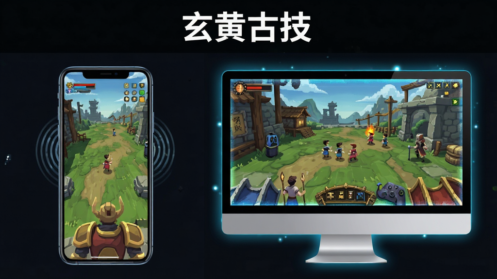 玄黄古技 手机与电脑模拟器双端操作对比图,主体为左侧手机显示竖版游戏界面、右侧电脑显示器显示横版游戏界面,布局为左右并列,排版上方为标题文字,风格为科技感扁平插画,细节包含手机边缘的触控波纹、电脑屏幕的像素光效,画质清晰,干净,无多余元素