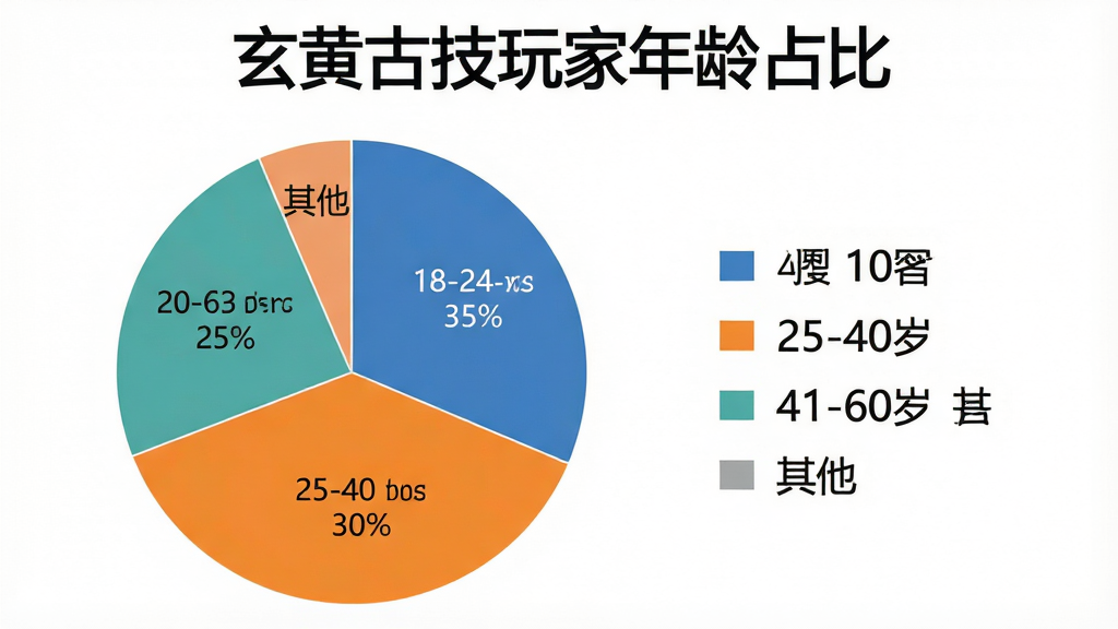 玄黄古技 用户年龄分布饼状图,主体为圆形饼图,布局为图例在右侧,排版上方为标题“玄黄古技玩家年龄占比”,风格为简约信息图,细节包含饼图色块标注18-24岁占35%、25-40岁占30%、41-60岁占25%、其他占10%,画质清晰,干净,无多余元素