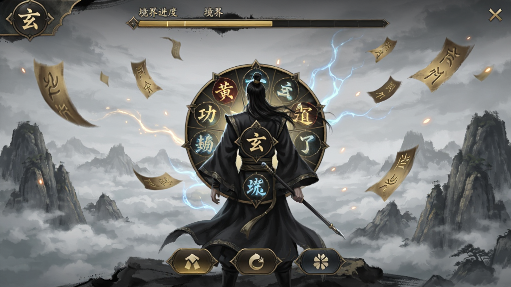 玄黄古技 游戏主界面展示,主体是一位身着玄色道袍的修仙者背影,立于云海山巅,布局为竖版手机屏幕比例,排版上方为境界进度条,中间为功法轮盘,下方为功能按钮,风格为国风水墨与暗金质感结合,细节包含飘动的符、若隐若现的灵脉光效,画质高清,干净,无多余元素