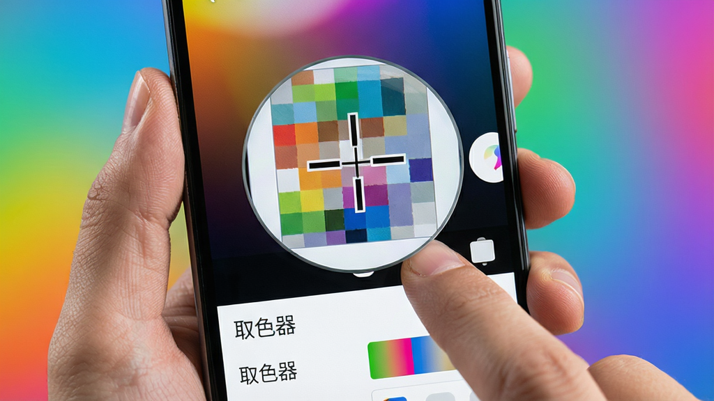 一张展示手机取色软件放大镜功能的特写图片,画面主体是一只手拿着安卓手机,手指正按在屏幕上,屏幕中央出现一个圆形放大镜,放大镜里清晰显示着像素格和十字准星,手指旁边有一个取色按钮,界面底部显示着“取色器”名称和当前取到的色块,背景是虚化的彩色渐变,整体风格科技感十足,画质干净锐利,无多余元素