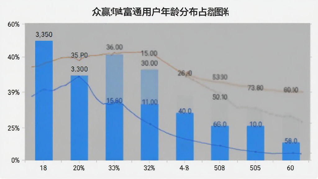 众赢财富通 用户年龄分布柱状图,主体是柱状图表展示18至60岁不同年龄段用户占比,布局为横轴年龄区间纵轴百分比,排版清晰标注每个柱子的数值,风格简约数据图表,细节上使用蓝色柱子灰色背景,画质高清,图表干净无多余元素