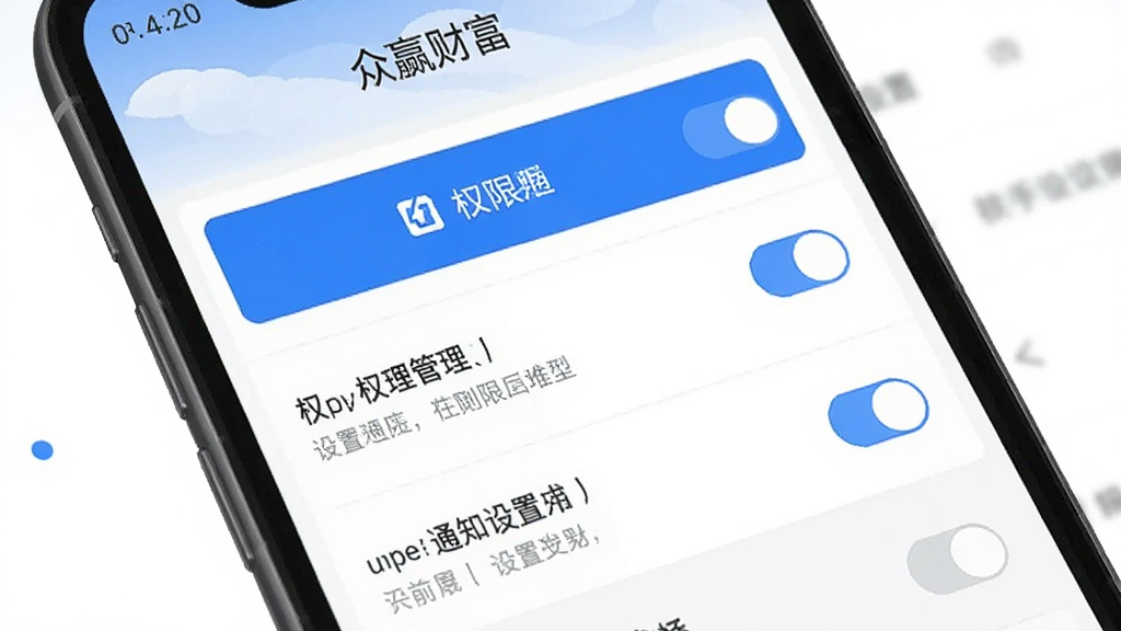 众赢财富通 手机端新手设置界面,主体是手机屏幕展示权限管理和通知设置页面,布局为上下排列的开关选项列表,排版简洁明了,风格扁平化设置菜单,细节上带有蓝色高亮按钮和灰色说明文字,画质清晰,界面干净无多余元素