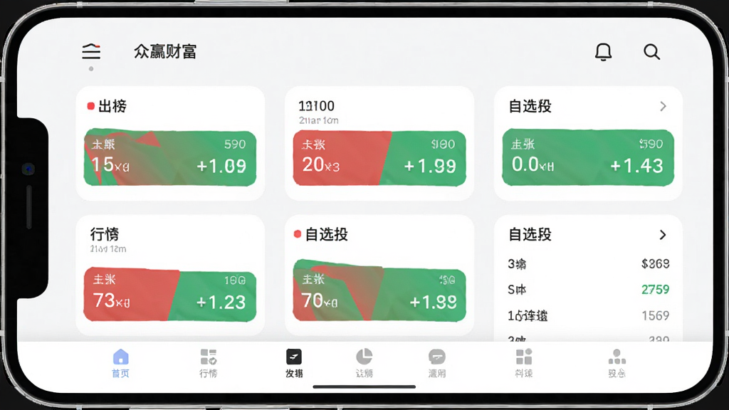 众赢财富通 应用主界面全貌,主体是手机屏幕展示行情列表和自选股,布局为顶部导航栏、中部数据卡片、底部功能选项卡,排版干净整齐,风格现代简约扁平化,细节上带有红绿涨跌色块和圆角图标,画质高清,界面干净无多余元素