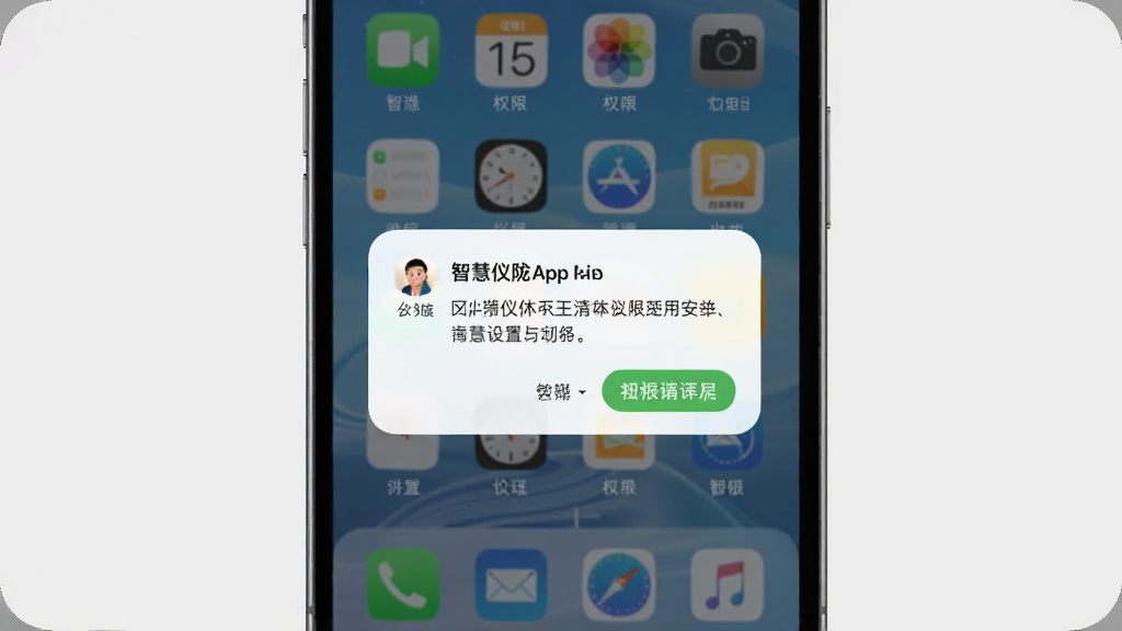 智慧仪陇App在手机上的安装与权限设置界面,画面展示手机屏幕弹出权限请求对话框,背景是简洁的手机桌面,风格清晰明了,画质干净,文字内容为智慧仪陇相关权限提示