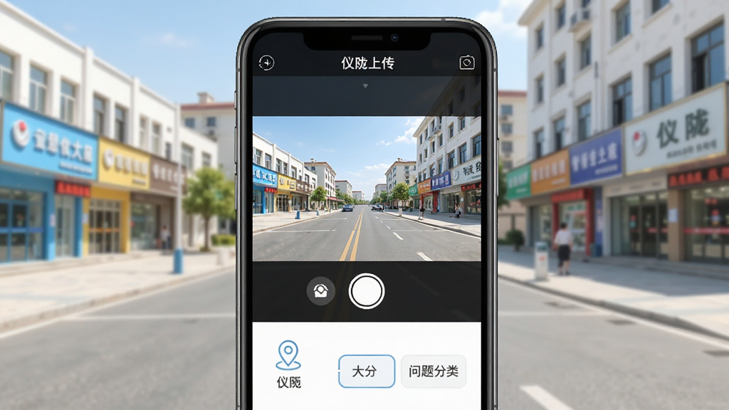 智慧仪陇随手拍功能界面展示,手机屏幕显示拍照上传页面,画面中有城市街道的取景框,下方有定位图标和问题分类选项,背景是干净整洁的仪陇城市街道,风格实用简洁,画质明亮,无多余元素