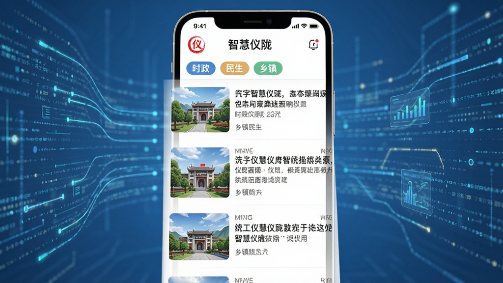 智慧仪陇App的新闻资讯页面展示,画面中手机屏幕显示智慧仪陇的资讯列表,每条新闻都配有清晰的缩略图和标题,分类标签如时政、民生、乡镇清晰可见,背景是虚拟的数字化信息流线条,风格科技感与生活感结合,画质干净,文字内容为智慧仪陇相关新闻标题
