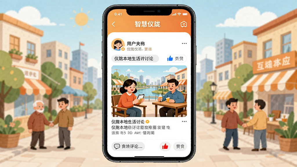智慧仪陇App本地圈互动界面,手机屏幕显示用户发布的图文帖子,内容涉及仪陇本地生活讨论,下方有评论和点赞图标,页面设计温馨活泼,背景是城市社区生活场景的插画,风格亲切,画质清晰,无多余元素
