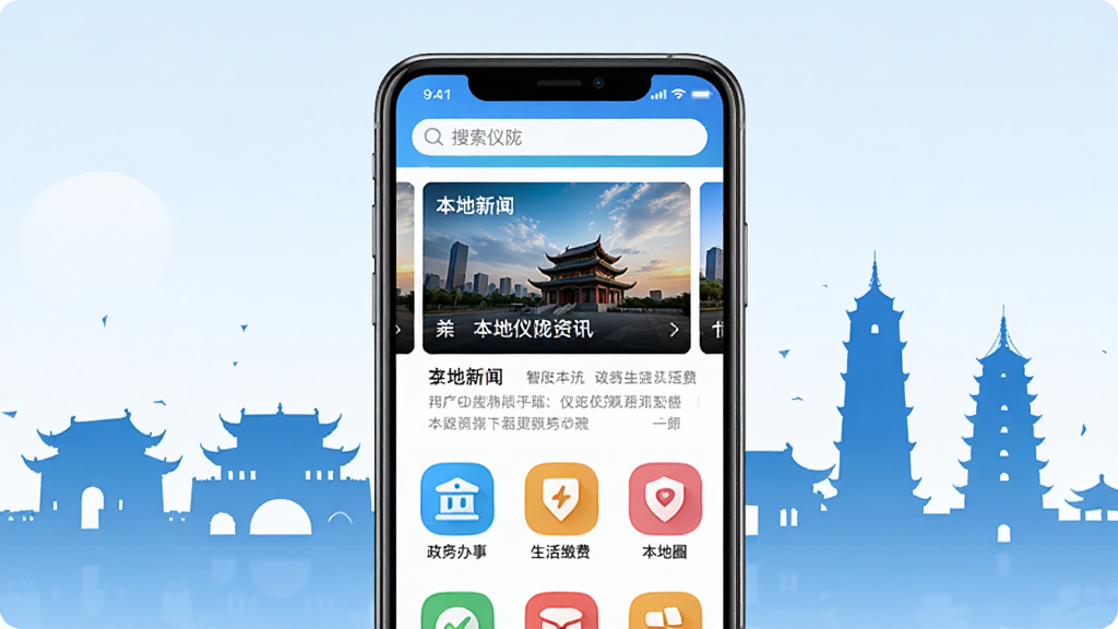 智慧仪陇App主界面全貌展示,画面中央是一部智能手机,屏幕显示智慧仪陇App的首页,顶部有搜索栏,中间是本地新闻资讯轮播图,下方排列着政务办事、生活缴费、本地圈等彩色图标,背景是仪陇当地地标建筑剪影,风格现代简洁,色彩明亮,画质清晰,干净无多余元素