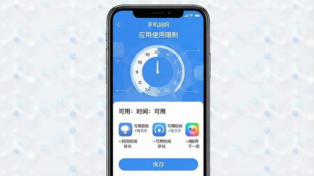 手机妈妈应用使用限制功能展示图。画面中央是一个手机屏幕,屏幕上显示“手机妈妈”应用界面的时间管理设置页,有一个圆形时间表盘和几个应用图标排列在下方,每个图标旁边标注着可用的时间段。布局清晰,上方是标题“应用使用限制”,中间是设置选项,底部是保存按钮。风格简洁科技感,采用蓝色和白色为主色调,细节精致,画质干净无多余元素。
