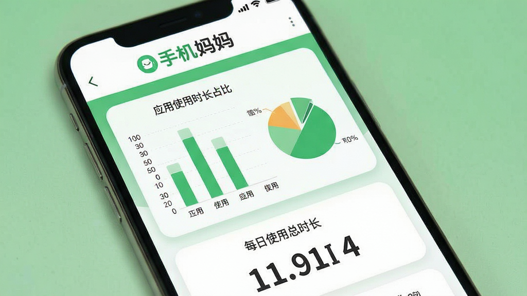 手机妈妈使用报告统计界面图。主体是一个手机屏幕展示数据报告页面,屏幕上方显示“手机妈妈”logo,中间是柱状图和饼图展示各应用使用时长占比,下方是每日使用总时长数字。布局采用卡片式设计,风格清新简约,以绿色和白色为主色调,细节清晰,画质干净无多余元素。