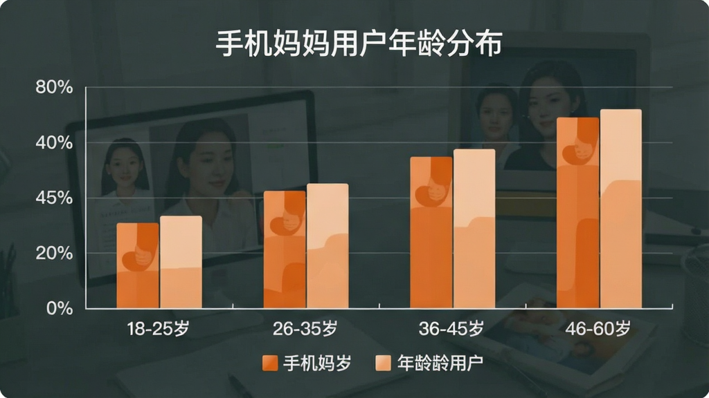 手机妈妈用户年龄分布柱状图。主体是一个简洁的数据图表,横轴标注年龄段“18-25岁”“26-35岁”“36-45岁”“46-60岁”,纵轴标注用户占比百分比,柱状图用不同深浅的橙色柱子展示。布局居中,上方标题“手机妈妈用户年龄分布”,下方有图例说明。风格现代商务,细节清晰,画质干净无多余元素。