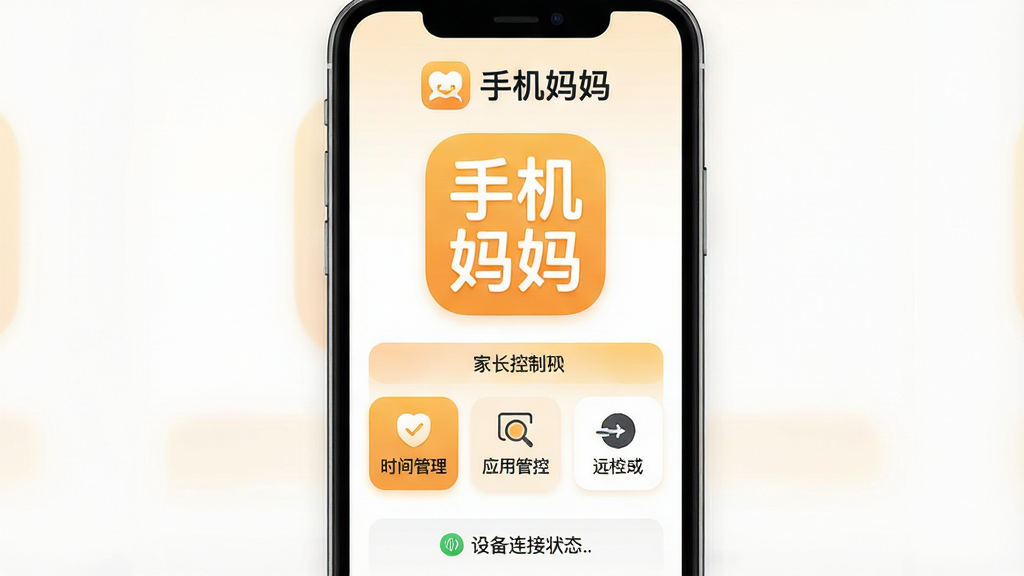 手机妈妈软件核心全貌展示图。主体是一个手机屏幕画面,屏幕中显示着“手机妈妈”四个大字的APP图标,图标下方有简洁的家长控制面板界面,包含时间管理、应用管控、远程截屏等模块按钮。布局采用居中展示,上方是软件logo和名称,中间是功能面板,下方是手机设备连接状态提示。排版整齐,风格现代扁平化,以温暖的橙黄色和白色为主色调,细节圆润,画质干净清晰,无多余元素。
