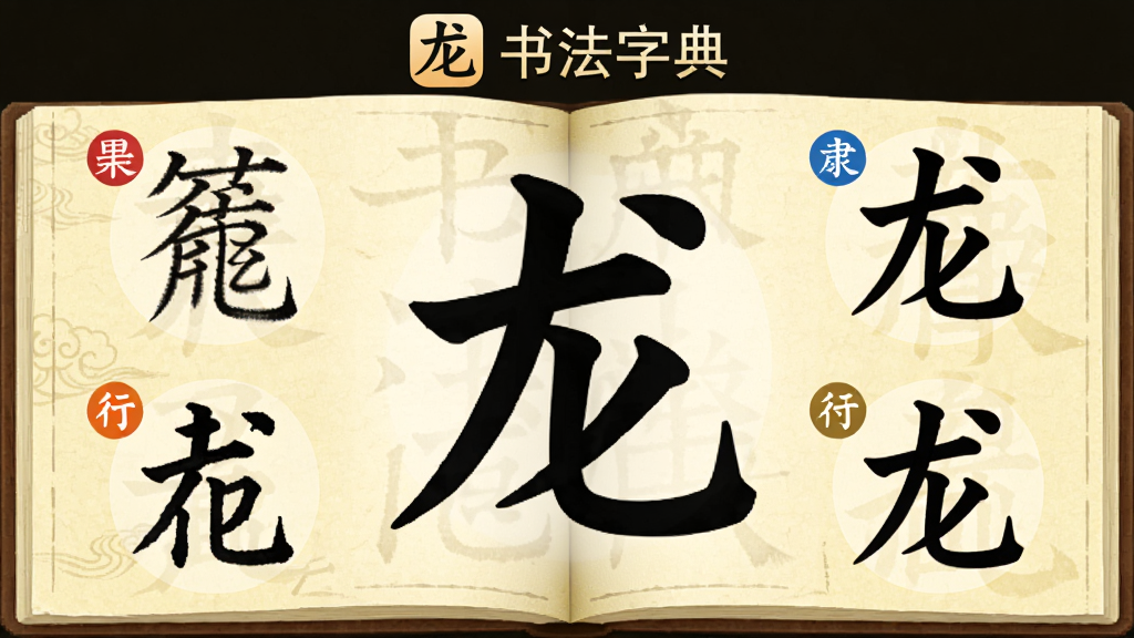 书法字典App功能展示图,画面中央是一个巨大的「龙」字,周围环绕五种不同书体的「龙」字写法,篆书、隶书、楷书、行书、草书分别用不同颜色标注,背景是淡黄色宣纸,顶部有「书法字典」App图标和名称,整体风格像一本展开的书法字典,画质清晰干净