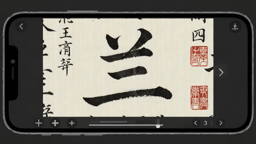 书法字典App碑帖浏览界面,手机横屏展示王羲之《兰亭序》高清局部,画面中可以看到清晰的墨迹笔画和印章,界面底部有缩放条和页码导航,背景为深灰色以突出碑帖内容,整体风格专业沉稳,画质细腻无噪点