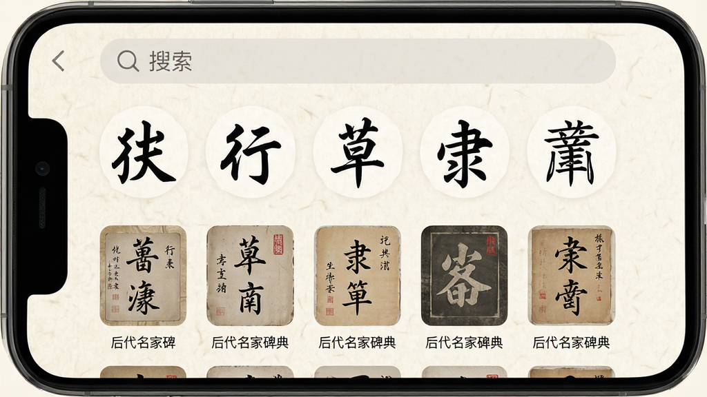 手机屏幕展示书法字典App主界面,界面顶部有搜索框,中间展示楷书、行书、草书、隶书、篆书五种字体分类图标,下方是历代名家碑帖缩略图网格,背景为米白色宣纸纹理,整体布局清晰简洁,风格古风雅致,画质干净无多余元素