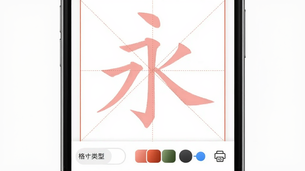 书法字典App字帖生成界面,手机屏幕显示一个米字格中带有浅红色描红字样的「永」字,下方有格子类型切换按钮和颜色选择条,旁边有导出和打印图标,背景为白色,整体风格简洁实用,画质清晰干净