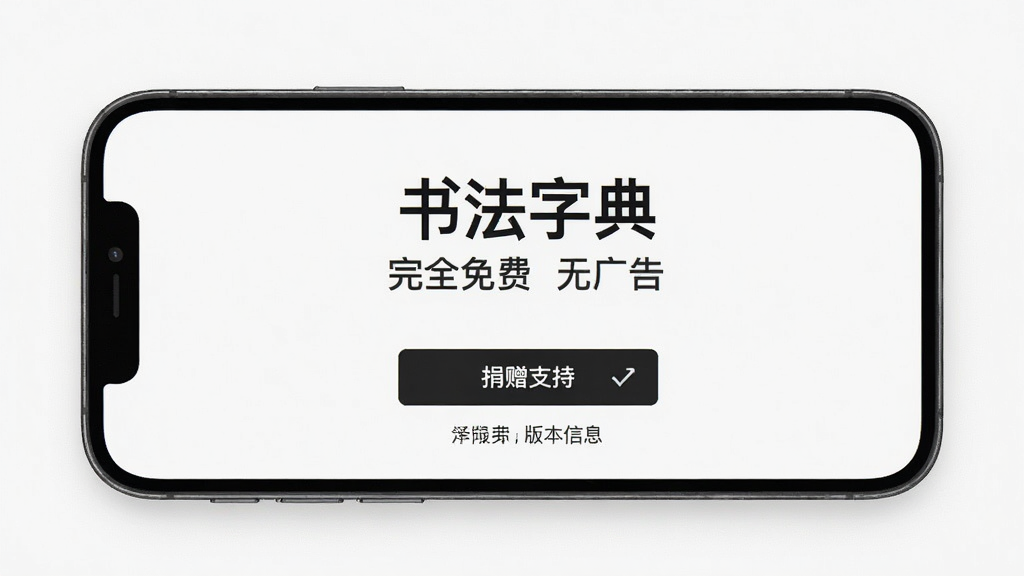 书法字典App设置界面,手机屏幕显示关于页面,上面写着「书法字典 完全免费 无广告」字样,下方有捐赠支持按钮和版本信息,界面配色为极简黑白灰,背景干净无杂物,整体风格性冷淡风,画质锐利清晰