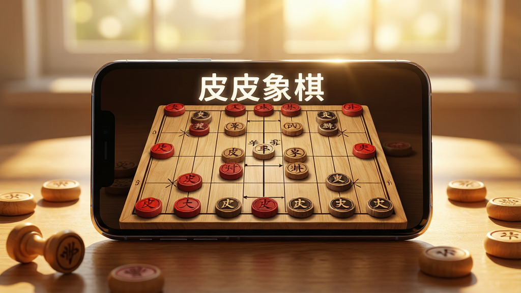 一张展示手机象棋对弈场景的图片,画面中央是一部横向放置的智能手机,手机屏幕上显示着清晰的木质纹理中国象棋棋盘,红黑双方棋子排列整齐,屏幕上方有“皮皮象棋”四个白色发光字体,手机周围散落着几枚真实的木质象棋棋子作为装饰,背景是温暖的午后阳光透过窗户洒在木桌上,整体布局居中对称,风格写实温馨,细节上手机边框有轻微反光,棋盘线条锐利,画质高清干净无多余元素