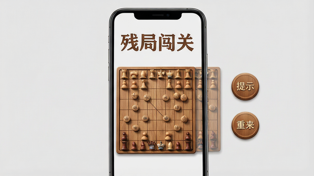 一张展示象棋残局闯关界面的图片,画面中央是一块竖向手机屏幕,屏幕显示“残局闯关”四个大字,下方是精致的木质棋盘,棋盘上仅有少量棋子形成经典残局阵型,棋盘右侧有“提示”和“重来”两个圆形按钮,布局采用上下结构,风格简约木质风,细节上棋子有立体雕刻感,背景是浅灰色,画质高清干净无多余元素