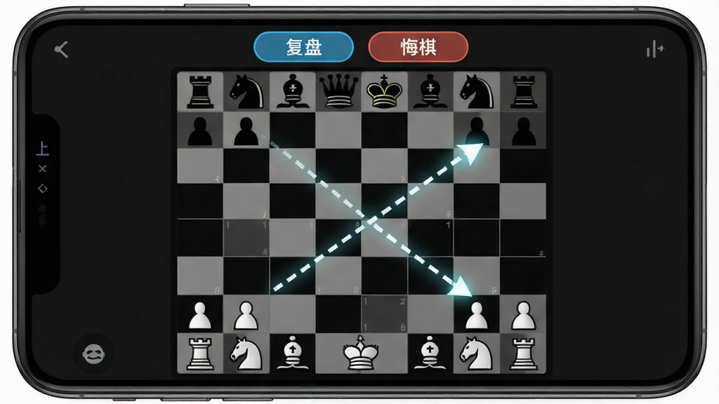 一张展示象棋复盘功能的图片,画面中手机屏幕显示一盘刚结束的对局,棋盘上方有“复盘”和“悔棋”两个高亮按钮,棋盘上有一条虚线箭头指示上一步棋的移动轨迹,布局为全屏棋盘展示,风格简洁工具风,细节上箭头带有发光效果,背景是深色模式,画质干净无多余元素