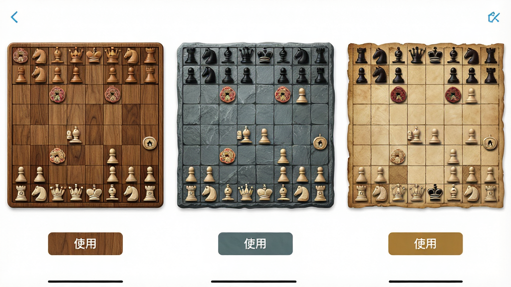 一张展示象棋棋盘皮肤更换界面的图片,画面中并排显示三块不同材质的象棋棋盘缩略图,左边是木质纹理,中间是青石板纹理,右边是羊皮纸纹理,每块棋盘上都摆放着同样的开局棋子,布局为横向排列,风格为应用商店截图风格,细节上每块棋盘下方有“使用”按钮,画质清晰明亮无多余元素