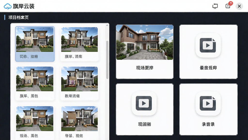 旗岸云装项目详情页界面截图,画面展示“旗岸云装”软件内的项目档案页面,左侧是户型缩略图,右侧排列着现场照片和录音文件图标,布局采用卡片式设计,风格简洁商务,细节清晰可见,画质干净无杂乱元素