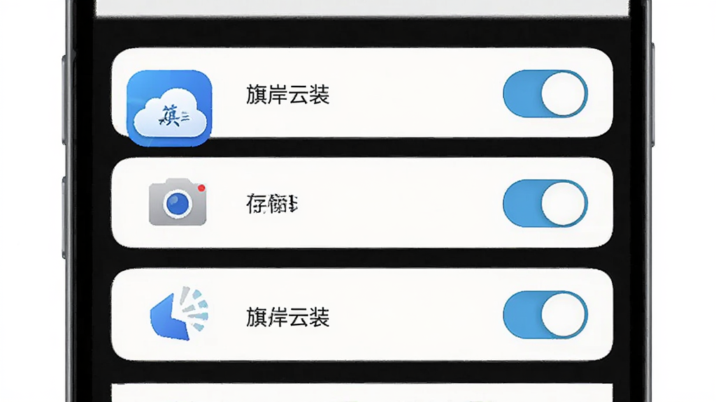 旗岸云装权限设置界面示意图,画面展示手机屏幕上的权限管理页面,带有“旗岸云装”图标,旁边有存储、相机、位置等权限开关按钮,布局为纵向列表,风格简约清晰,细节图标圆润,画质干净无杂乱背景