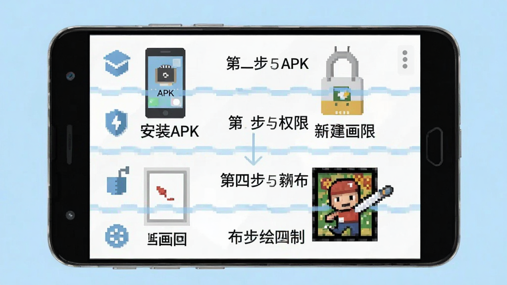 一张展示Pixel像素板新手操作步骤的图片,主体是手机屏幕,屏幕上分四个步骤展示:第一步安装APK,第二步设置权限,第三步新建画布,第四步绘制像素画,布局为纵向排列,风格是扁平化教程风,细节上每一步有图标和简短文字说明,画质干净无多余元素,背景为浅蓝色。