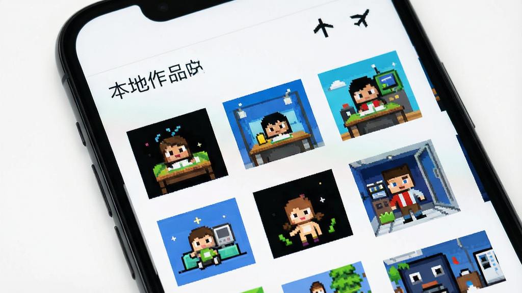 一张展示Pixel像素板离线使用与本地存储功能的图片,主体是手机屏幕,屏幕上显示着文件管理界面,有多个像素画作品缩略图,顶部有“本地作品”标签,旁边有飞行模式图标,布局清晰,风格是简约现代风,细节上缩略图有不同像素画内容,画质干净无多余元素,背景为白色。