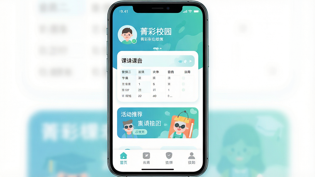 һ���ֻ���Ļ�����ͼ��չʾ��ݼ��У԰��app����ҳ��ҳ�涥����ʾ�û�ͷ����ʺ���м��ǿα���Ƭ�ͻ�Ƽ�������ײ����ĸ�����ѡ������������»��ã�������ɫ��Ϊ������ƽ����ƣ�ͼ��Բ�󣬻��ʸɾ��������޶���Ԫ��