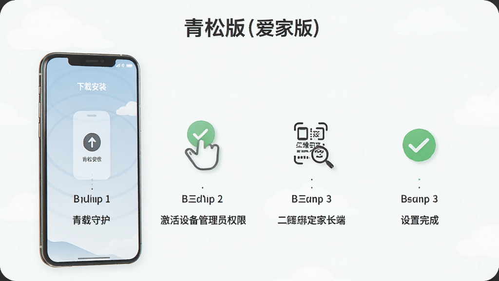 �����ػ������Ұ棩���Ӷ˰�װ����ʾ��ͼ���������ֻ���ĻΪ�������ĸ�����չʾ����һ�����ذ�װ���ڶ��������豸����ԱȨ�ޣ�������ɨ���ά��󶨼ҳ��ˣ����Ĳ����������ʾ��ɫ�Թ���ÿһ�����м���ͼ������ֱ�ע������������ˣ�ɫ����ͣ����ʸɾ��޶���Ԫ��