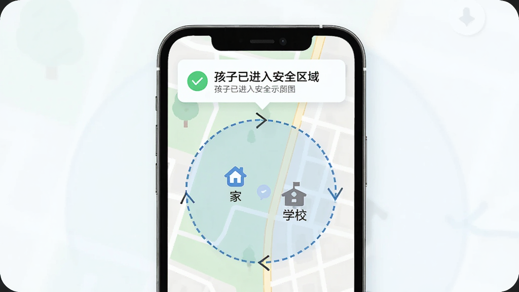 �����ػ������Ұ棩���Ӷ˰�ȫΧ��ʾ��ͼ�������������ֻ���ͼ������ʾһ��Բ�ΰ�ȫ���������ڱ�ע���ҡ��͡�ѧУ�������ص�ͼ�꣬�����Ե��������ʾ�������򣬵�ͼ�Ϸ������������ѽ��밲ȫ���򡱵�֪ͨ��Ƭ������ִ���Լ��ɫ����ˬ�����ʸɾ�������Ԫ��