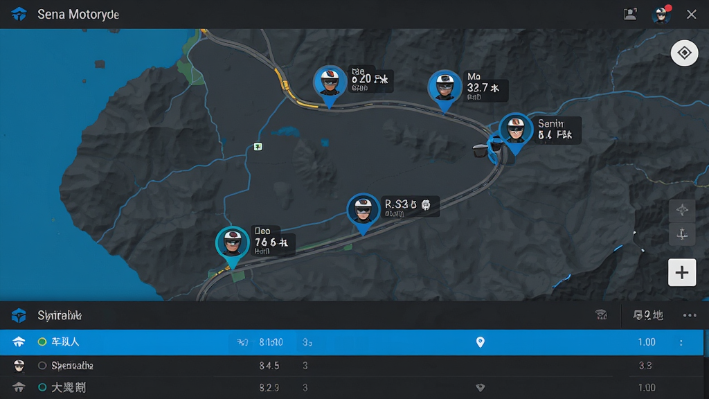 Sena Motorcycles软件的地图位置共享界面,画面主体是一张带有地形起伏的电子地图,地图上有多个骑手头像图标沿着一条弯曲的公路分布,每个图标旁边有名字标签和实时速度显示,地图下方是车队成员列表,界面风格简洁硬朗,颜色以深灰和亮蓝为主,排版清晰,细节丰富,画质高清,干净无多余元素。