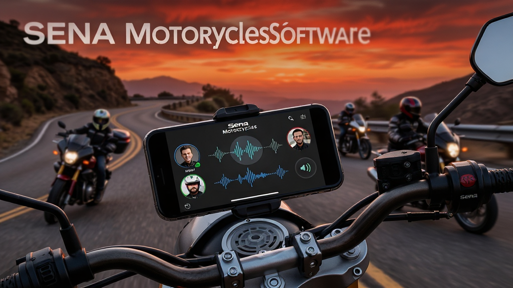 一张展示Sena Motorcycles软件核心全貌的宣传图,画面主体是一部安装在摩托车车把上的智能手机,手机屏幕显示Sena Motorcycles的群组对讲界面,界面中有多个骑手头像和实时语音波纹图标,背景是一条蜿蜒的山路,几辆摩托车正在骑行,天空是傍晚的橙红色,画面风格写实科技感,排版清晰,细节丰富,画质高清,干净无多余元素。