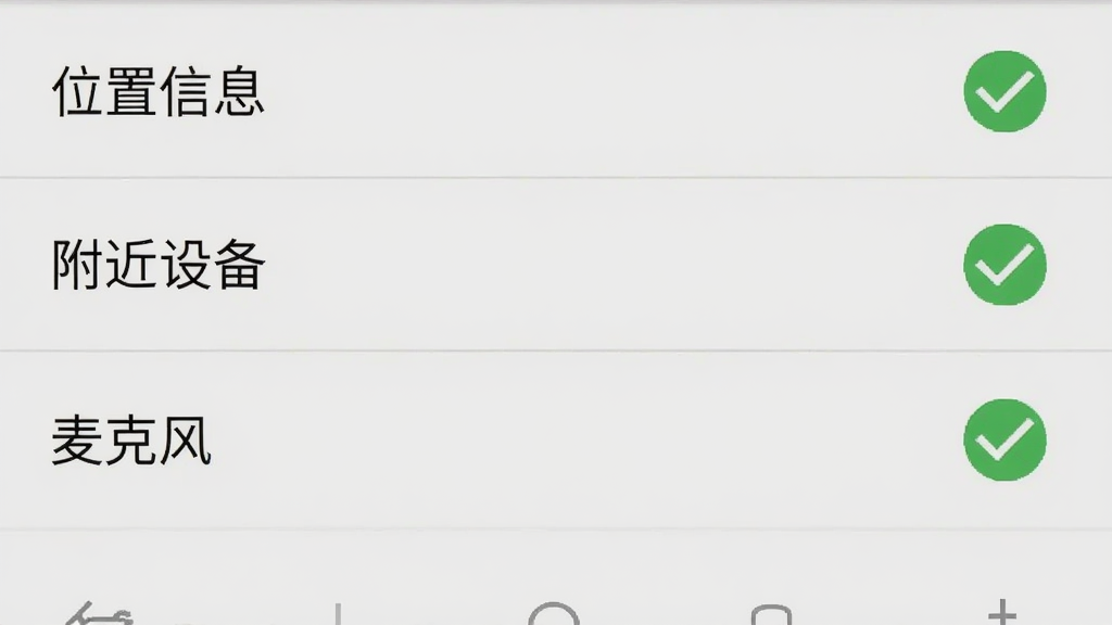 Sena Motorcycles软件在手机上的权限设置界面截图,画面展示安卓系统的应用权限管理页面,可以看到「位置信息」「附近设备」「麦克风」等权限选项旁边都打着绿色的勾选标记,界面风格是原生安卓的简洁设计,背景为浅灰色,文字清晰,排版规整,画质干净无多余元素。