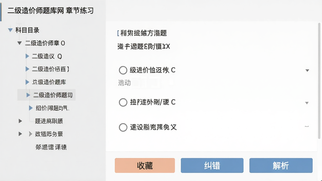 二级造价师题库网 章节练习界面,左侧是科目目录树,右侧显示题目和四个选项,底部有收藏、纠错、解析按钮,背景为浅灰色,文字清晰,风格简约