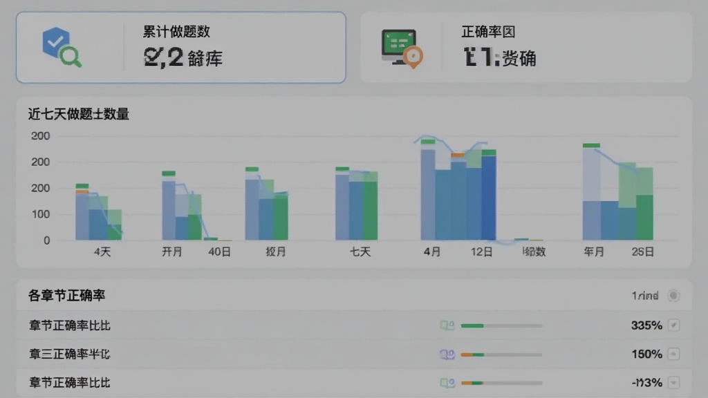 二级造价师题库网 学习统计页面,显示柱状图展示近七天做题数量,下方列表展示各章节正确率百分比,顶部有累计做题数和正确率两个数字卡片,风格现代扁平,文字清晰
