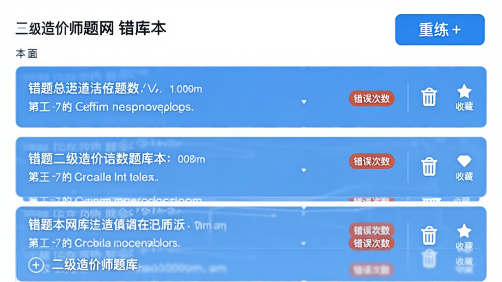 二级造价师题库网 错题本页面,顶部显示错题总数和重练按钮,下方列表展示题目摘要和错误次数标签,右侧有删除和收藏图标,界面干净,蓝白配色