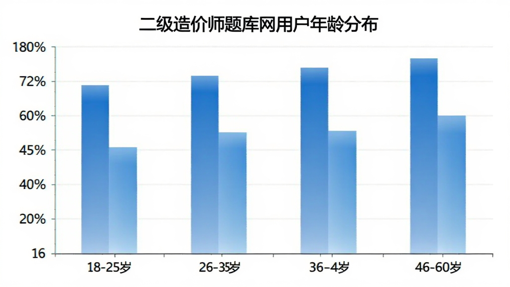 二级造价师题库网 用户年龄分布柱状图,横轴为18-25岁、26-35岁、36-45岁、46-60岁四个年龄段,纵轴为人数占比百分比,柱子颜色为蓝色渐变,图表标题写着“二级造价师题库网用户年龄分布”,画质清晰,无多余元素
