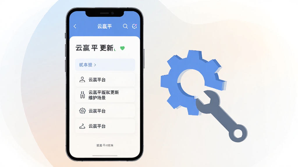 云赢平台版本更新维护场景图,画面中一部手机显示云赢平台更新日志页面,旁边有齿轮和扳手图标代表维护优化,背景为柔和渐变,风格为扁平化科技插画,画质干净,无多余元素
