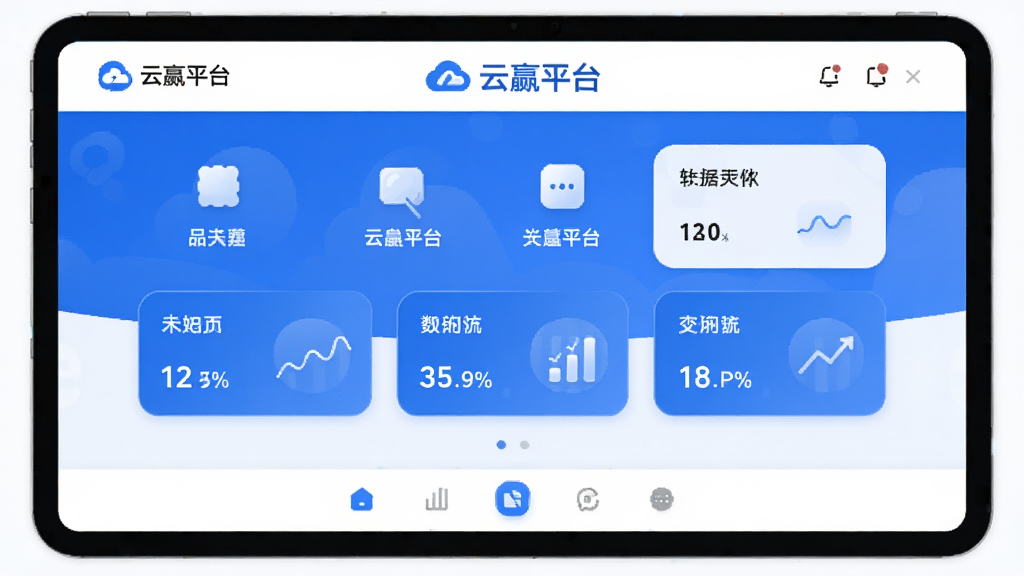 云赢平台软件主界面展示,画面中央是简洁的蓝白色调应用界面,顶部显示云赢平台logo,中间区域排列着清晰的功能图标与数据卡片,底部为导航栏,整体布局干净利落,现代扁平化设计风格,细节圆润,画质清晰,无多余元素