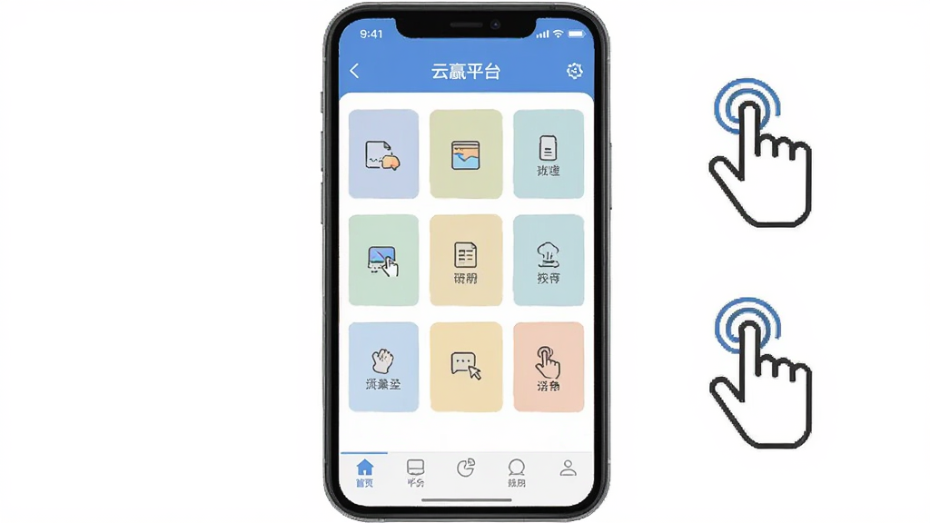 云赢平台功能布局示意图,画面展示手机屏幕上的云赢平台界面,顶部状态栏、中部功能网格、底部导航栏层次分明,用浅色色块区分区域,旁边配有手势点击图标,风格为现代UI展示图,画质清晰,无杂乱元素