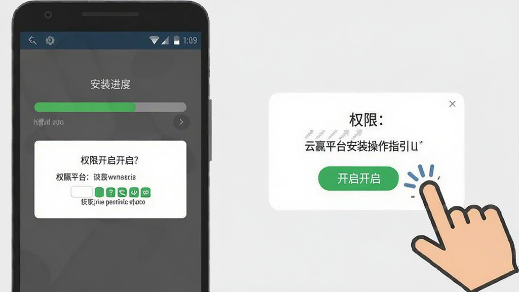 云赢平台安装操作指引图,画面展示一部安卓手机屏幕,屏幕上显示安装进度条和权限开启提示框,旁边有手指点击的图标,背景为浅灰色,风格为扁平化教程插图,画质清晰,无多余元素
